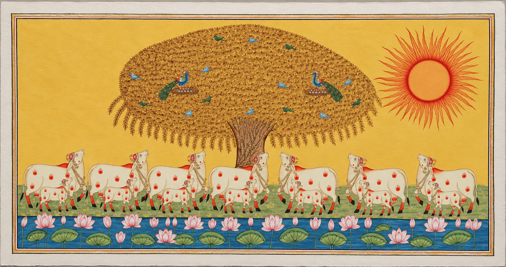 Tree of Life Pichwai Painting – Golden Sun & Sacred Cows on Yellow Background